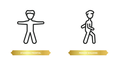 two editable outline icons from people concept. thin line icons such as standing frontal man, person walking vector.