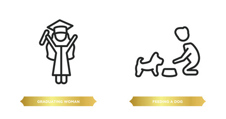 two editable outline icons from people concept. thin line icons such as graduating woman, feeding a dog vector.