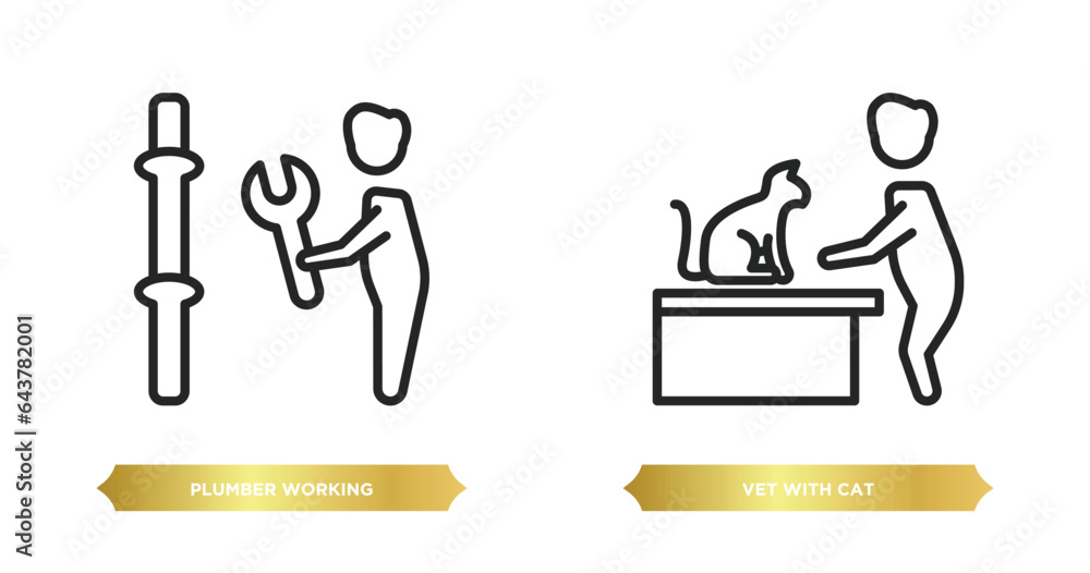 Poster two editable outline icons from people concept. thin line icons such as plumber working, vet with ca