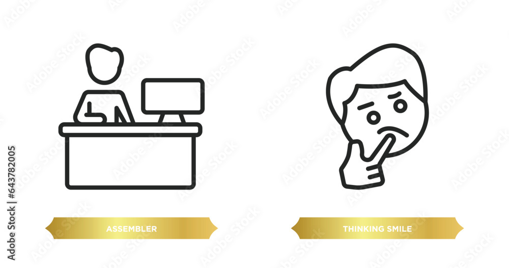Poster two editable outline icons from people concept. thin line icons such as assembler, thinking smile ve