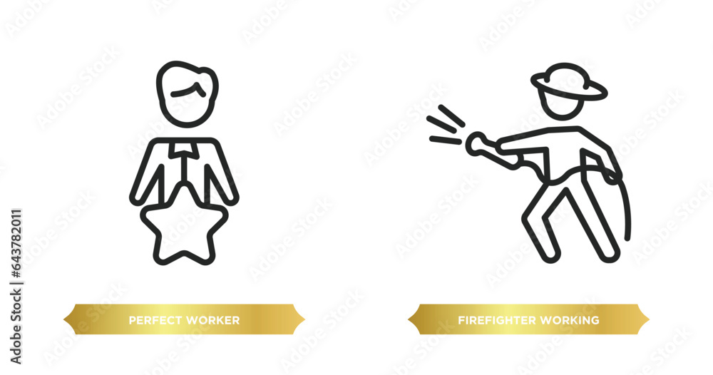 Poster two editable outline icons from people concept. thin line icons such as perfect worker, firefighter 
