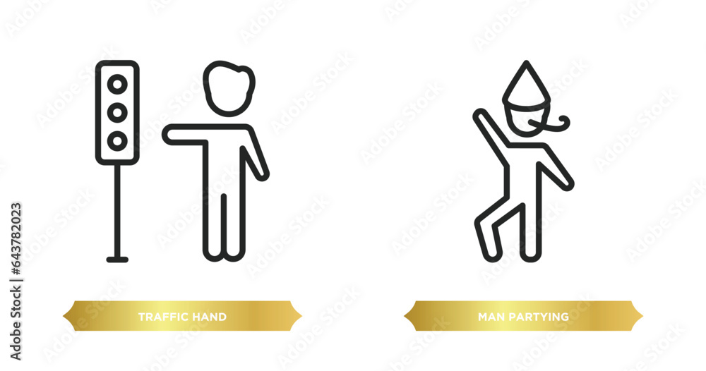 Poster two editable outline icons from people concept. thin line icons such as traffic hand, man partying v