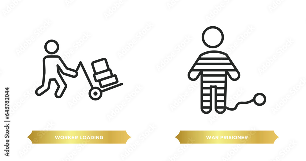 Poster two editable outline icons from people concept. thin line icons such as worker loading, war prisione