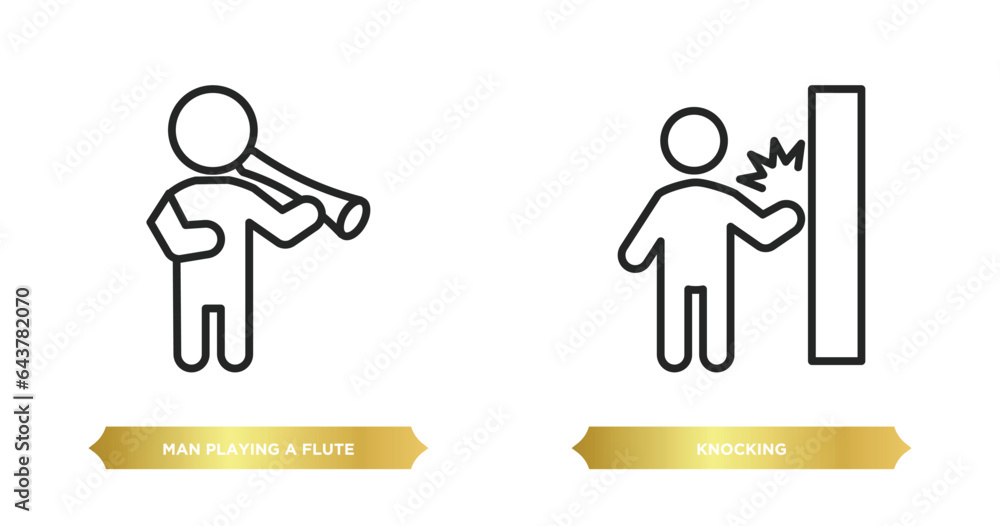 Poster two editable outline icons from people concept. thin line icons such as man playing a flute, knockin