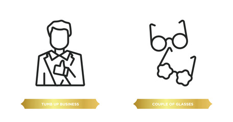 two editable outline icons from people concept. thin line icons such as tumb up business man, couple of glasses vector.