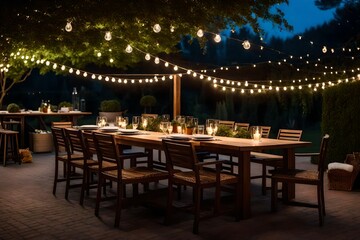 Fototapeta na wymiar an outdoor dining area witha patio table, string lights, and lush landscaping