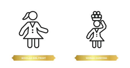 two editable outline icons from people concept. thin line icons such as scholar girl front, woman carrying vector.