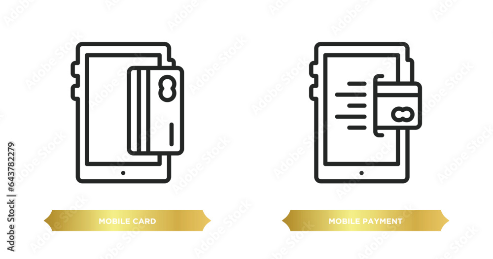 Poster two editable outline icons from payment concept. thin line icons such as mobile card, mobile payment