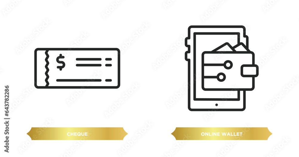 Poster two editable outline icons from payment concept. thin line icons such as cheque, online wallet vecto