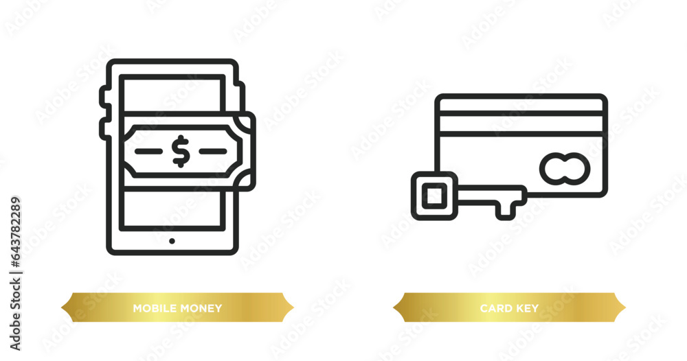 Poster two editable outline icons from payment concept. thin line icons such as mobile money, card key vect