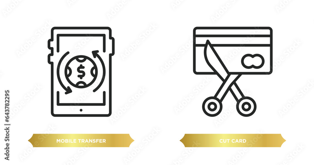 Poster two editable outline icons from payment concept. thin line icons such as mobile transfer, cut card v