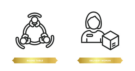 two editable outline icons from people concept. thin line icons such as round table, delivery woman vector.