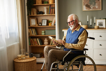 Elderly man in the wheelchair reading a book indoors
