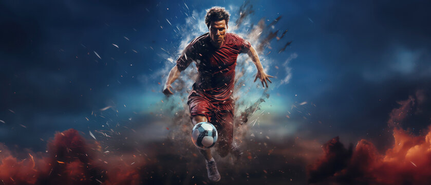 football or soccer player running fast and kicking a ball while training and playing a match at dramatic stadium shot, dynamic active pose of skill development success in sports wide banner