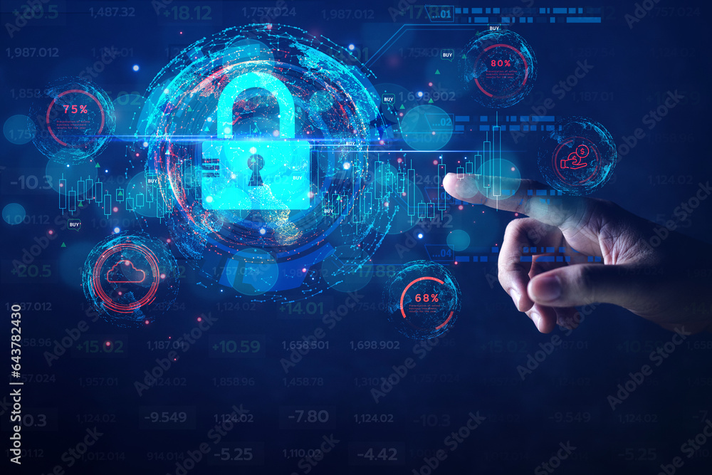 Poster cybersecurity concept business man shows how to protect cyber technology network from attack by hack