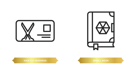 two editable outline icons from other concept. thin line icons such as hair cut business card, speell book vector.