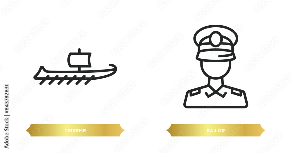 Poster two editable outline icons from nautical concept. thin line icons such as trireme, sailor vector.