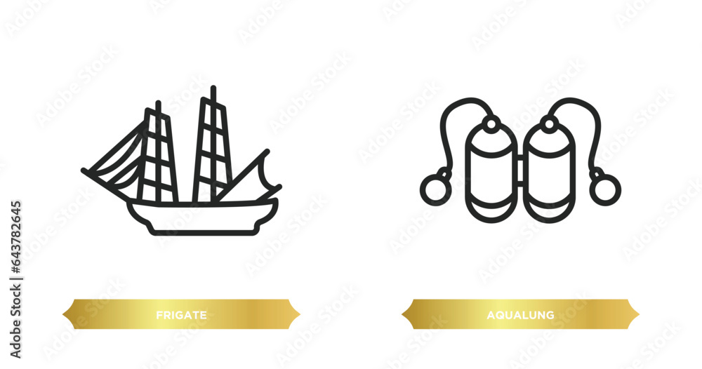 Poster two editable outline icons from nautical concept. thin line icons such as frigate, aqualung vector.