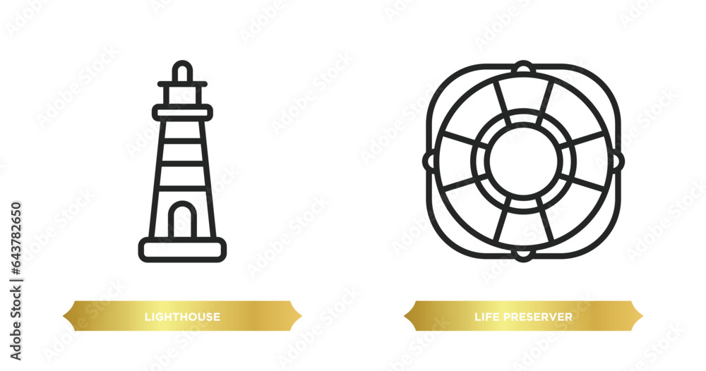 Poster two editable outline icons from nautical concept. thin line icons such as lighthouse, life preserver
