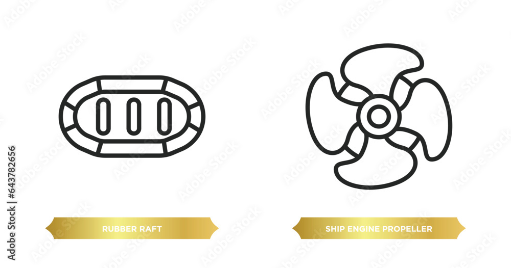 Poster two editable outline icons from nautical concept. thin line icons such as rubber raft, ship engine p