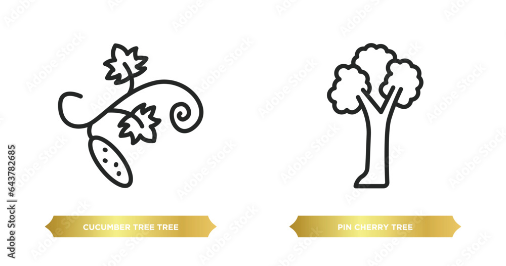 Poster two editable outline icons from nature concept. thin line icons such as cucumber tree tree, pin cher