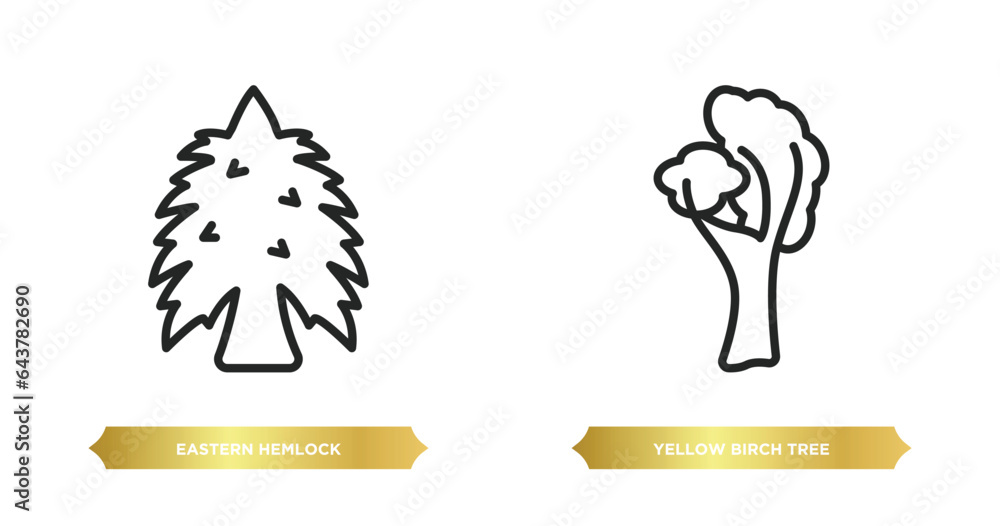 Poster two editable outline icons from nature concept. thin line icons such as eastern hemlock tree, yellow