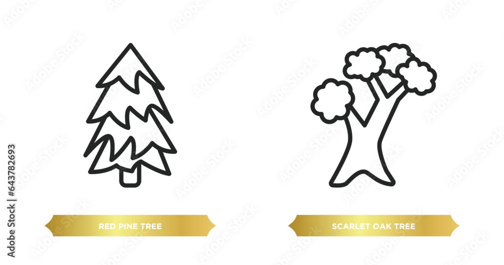 Poster two editable outline icons from nature concept. thin line icons such as red pine tree, scarlet oak t