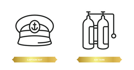 two editable outline icons from nautical concept. thin line icons such as captain hat, air tank vector.