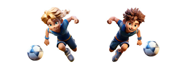 football or soccer player boy and girl running fast and kicking a ball while training and playing a match, dynamic active pose of kids and children success in sports championship in cartoon style