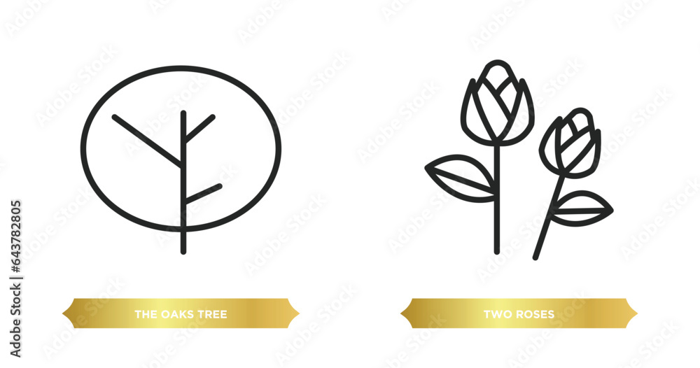 Poster two editable outline icons from nature concept. thin line icons such as the oaks tree, two roses vec