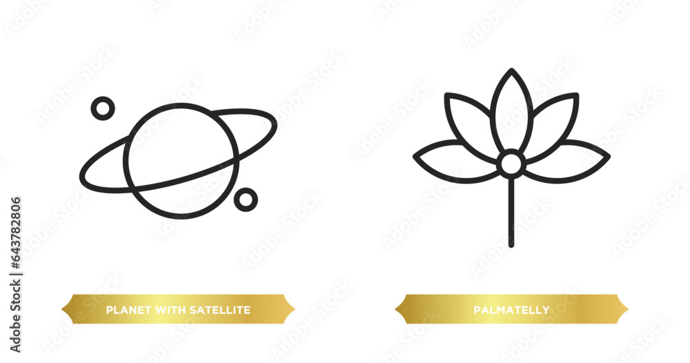 Poster two editable outline icons from nature concept. thin line icons such as planet with satellite, palma