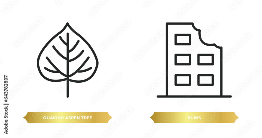 Poster two editable outline icons from nature concept. thin line icons such as quaking aspen tree, ruins ve