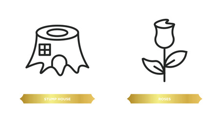two editable outline icons from nature concept. thin line icons such as stump house, roses vector.