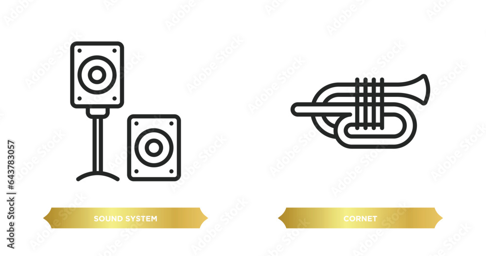 Poster two editable outline icons from music concept. thin line icons such as sound system, cornet vector.