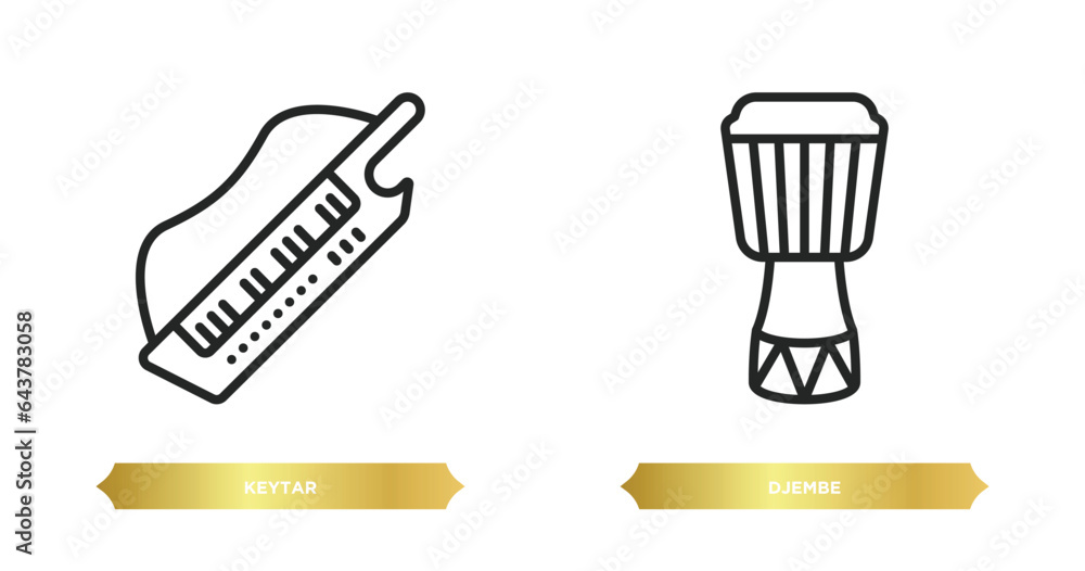 Poster two editable outline icons from music and media concept. thin line icons such as keytar, djembe vect