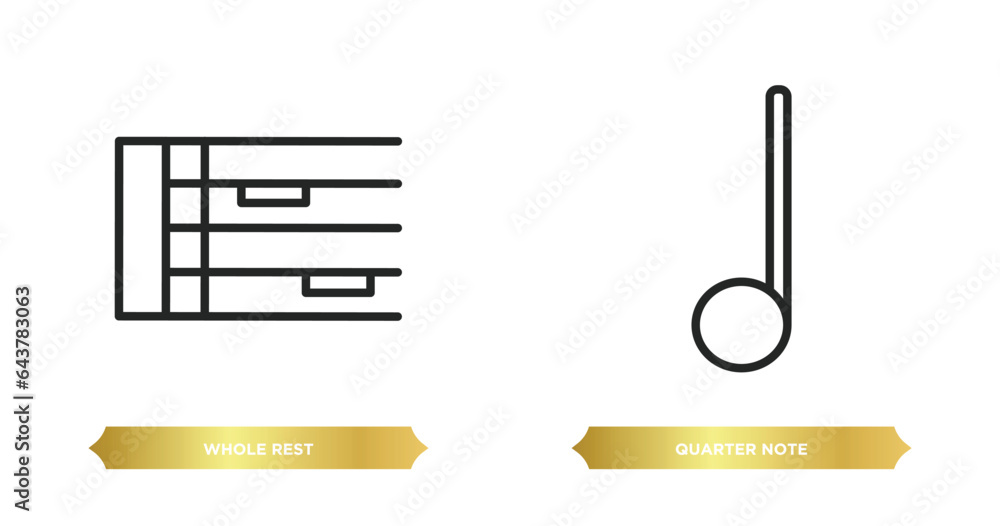 Poster two editable outline icons from music and media concept. thin line icons such as whole rest, quarter