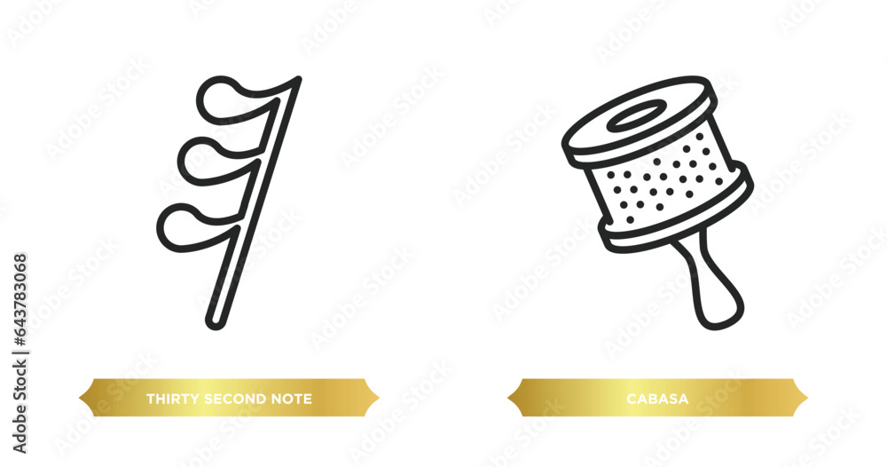 Poster two editable outline icons from music and media concept. thin line icons such as thirty second note 