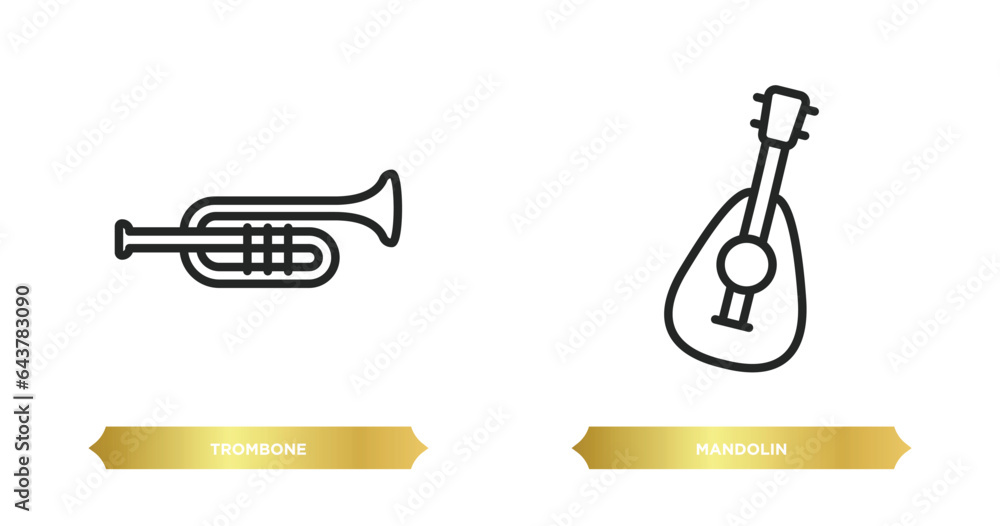 Poster two editable outline icons from music and media concept. thin line icons such as trombone, mandolin 