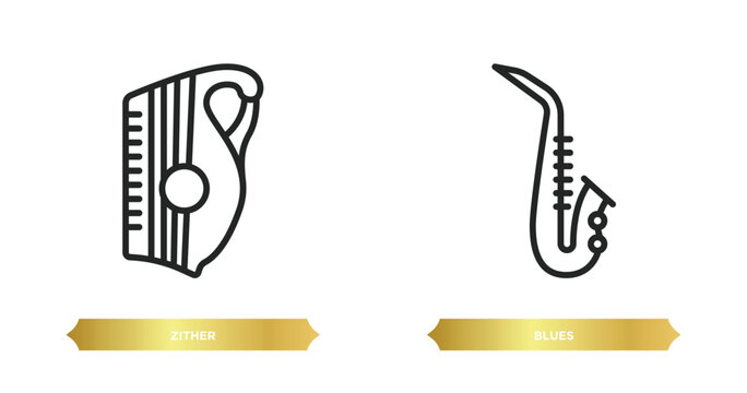 two editable outline icons from music concept. thin line icons such as zither, blues vector.