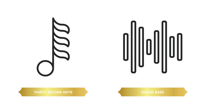 two editable outline icons from music and media concept. thin line icons such as thirty second note, sound bars vector.
