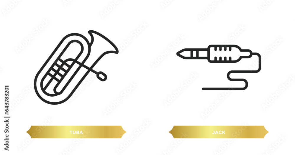 Poster two editable outline icons from music concept. thin line icons such as tuba, jack vector.