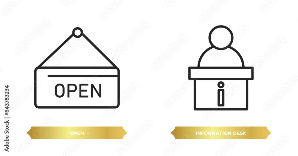 Poster two editable outline icons from museum concept. thin line icons such as open, information desk vecto
