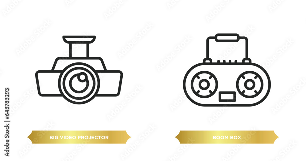 Poster two editable outline icons from multimedia concept. thin line icons such as big video projector, boo
