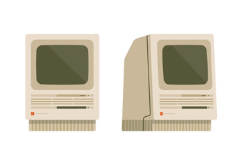 Retro Computer — Front & Side Views. Flat Vector Illustration