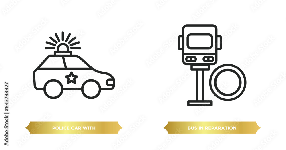 Poster two editable outline icons from mechanicons concept. thin line icons such as police car with lights,