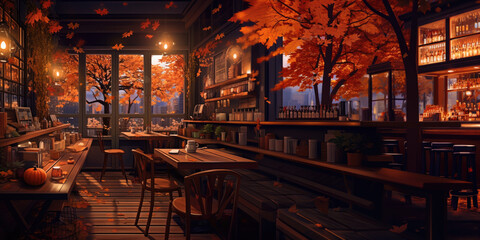autumn night cafe wood interio twitch zoom vtuber asset obs screen anime chill hip stream overlay loop background interior of a coffee shop woodsy aesthetic during fall orange tones