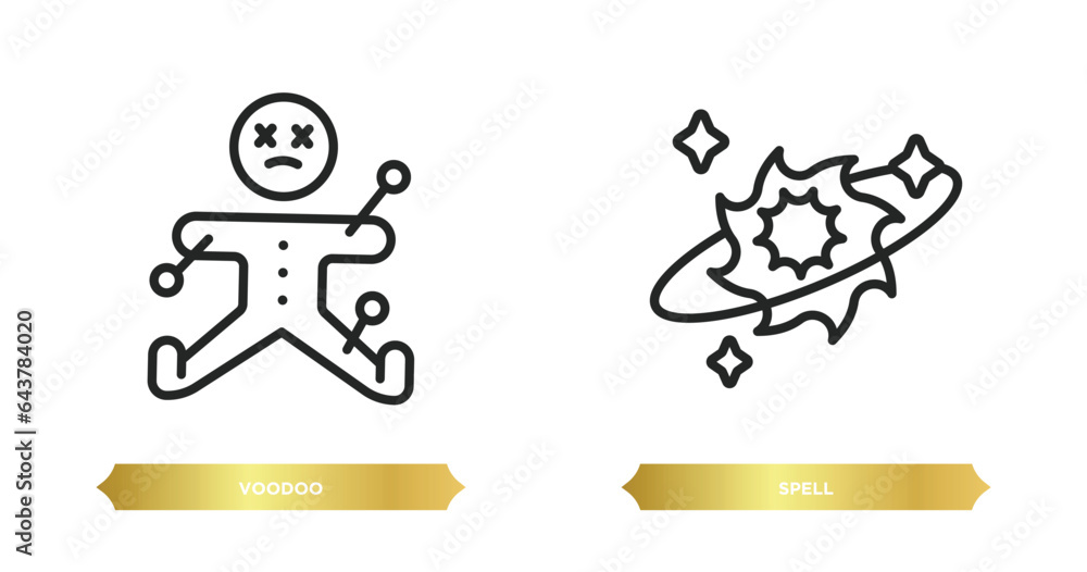 Poster two editable outline icons from magic concept. thin line icons such as voodoo, spell vector.