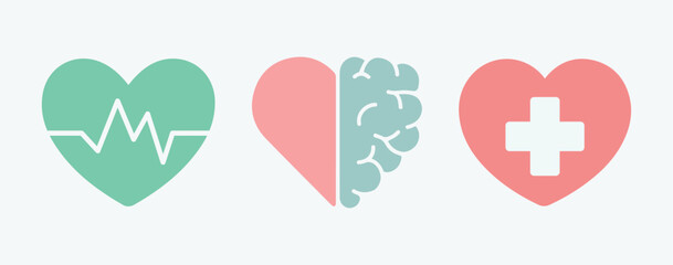 Medicine, mental health, brain, heart healthy. Heartbeat symbol. Doctor, medicinal, hospital. Vector, illustration, icon, set