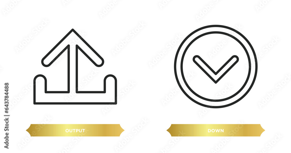 Poster two editable outline icons from interface concept. thin line icons such as output, down vector.