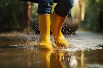 The legs of a child in yellow rubber boots jump over a puddle in the rain. Generative AI